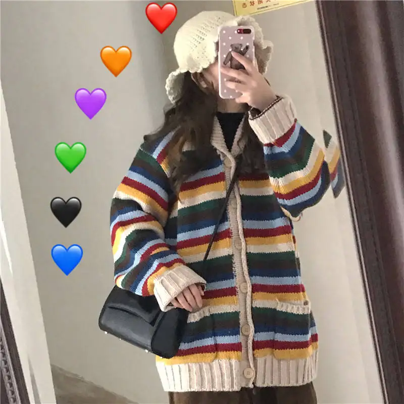 Woherb корейский v-образный вырез однобортный вязаный кардиган для женщин Harajuku радужные полоски свитера винтажные свободные уличные Pull Femme