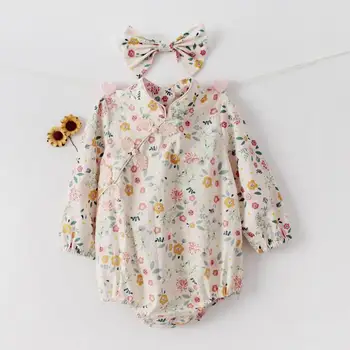 

Autumn Newborn Baby Girl Cotton Long Sleeve Bodysuit Floral Girls Cheongsam Baby Jumpsuit + Bow Headband Baby Girl Clothes 0-24M