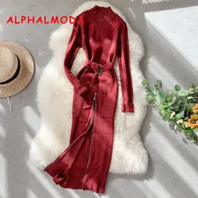 ALPHALMODA осеннее женское винтажное вязаное платье со стоячим воротником с длинными рукавами на молнии с разрезом и поясом с пряжкой