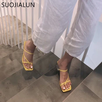 

2020 New Women Fashion Slipper Transparent Square High Heel Classics Strap Sandal Elegant Summer Bohemian Pumps Slides Sandal