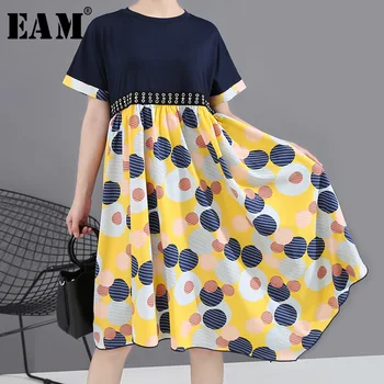 

[EAM] Women Blue Dot Printed Irregular Dress New Round Neck Short Sleeve Loose Fit Fashion Tide Spring Summer 2020 1W179