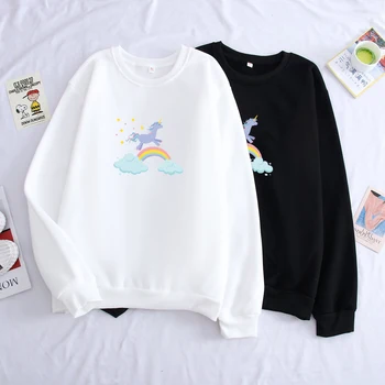 

Spring Autumn Men Hoodie Rainbow Unicorn Print Pullover Couples Casual Harajuku Kawaii Cartoon Fleece Sweatshirt Streetwear Tops