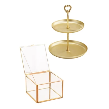 

Square Opening Glass Geometry Jewelry Boxs Mirror Storage Box & Two-Tier Golden String Disk - Entrance Key Mirror Tray