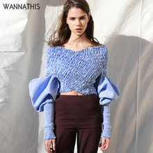 WannaThis, синяя блузка с v-образным вырезом и открытыми плечами, Женская Осенняя тонкая Асимметричная блуза с рукавом-фонариком, эластичный однотонный элегантный укороченный топ