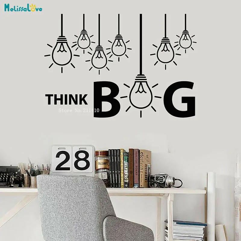 Think Big Wall Decal Creative Lettering Idea Light Bulbs Lamp Office Interior Decor Vinyl Window Sticker Words Art Murals YT2156 | Дом и сад