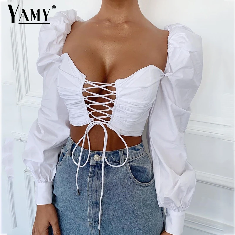 

Square collar blouses woman 2019 white blouse long sleeve korean blouse short vintage puff sleeve blouse tops tie front