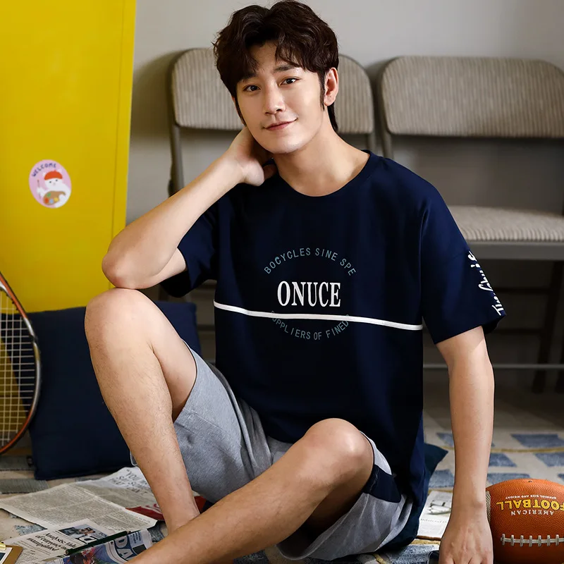 

2020 Pajamas MEN'S Short Sleeve Pure Cotton Summer Men Pure Cotton Large Size Casual Comfortable Pajamas Homewear Set