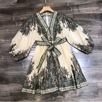 

Women's linen positioning printing palace extension dress holiday style beach beach V-neck lantern sleeve skirt