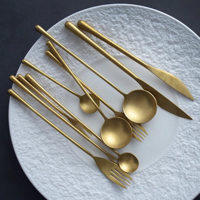 304 нержавеющая сталь Винтажный Золотой нож для стейка и вилка ложка японский