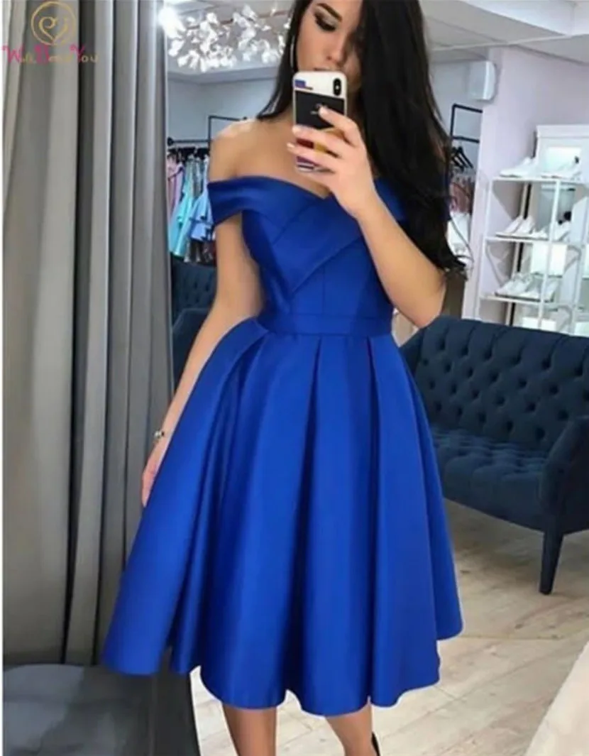 

Short Royal Blue Muslim Evening Dresses A-Line Satin Pleated Lace Up Back Knee Length Robe De Mariée Party Gowns For Women