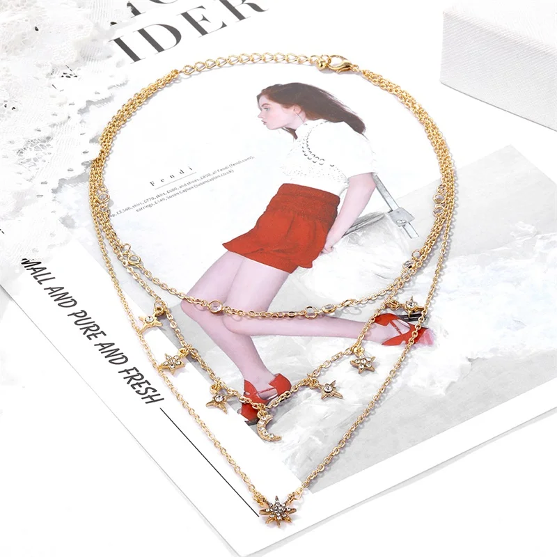 KISSWIFE модное ожерелье с подвеской с пентаграммой Звезда Луна Золотая цепь с кристаллом многослойное ожерелье женские очаровательные вечерние ювелирные изделия