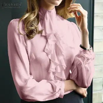 

ZANZEA Office Ladies Blouse Women Ruffles Shirt Spring Long Sleeve Solid Blusas Casual Turtleneck Buttons Tops Female Work Top