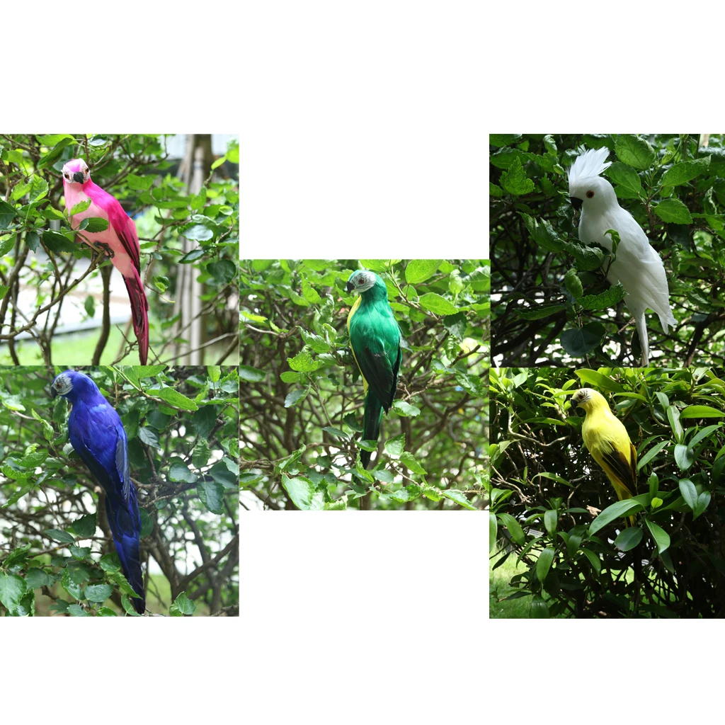 Set of 5 Realistic Macaw Parrot Lifelike Bird Ornament Artificial Feathered Animal Model Statues DIY Lawn Sculpture