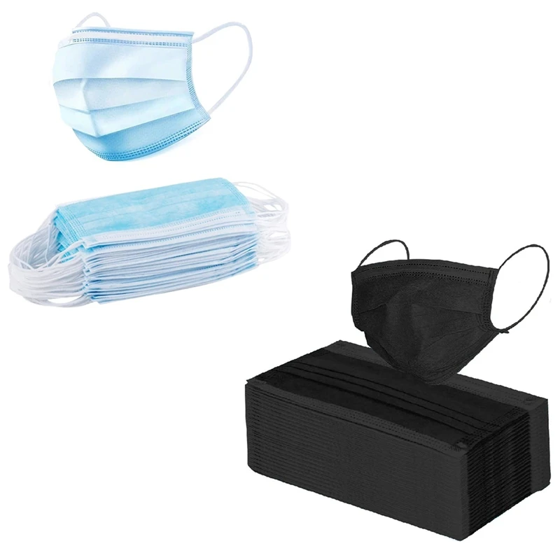 

100Pcs Disposable Mouth Mask 3 Layers Masks Non Woven Fabric Anti-Dust Anti Pollution Earloops Masks(Black+Blue)