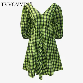 

TVVOVVIN 2020 SUMMER NEW V-neck Loose Puff Sleeve Green Grid Dress Girl Female Streetwear Casual Pleated Cozy Z0005