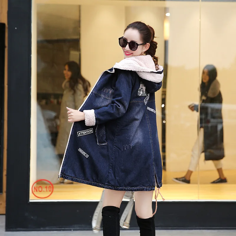 

1619 # Thick Cowboy Women's plus Velvet Lambs Wool Jeans Coat Mid-length Berber Fleece Cotton-padded Clothes Hooded