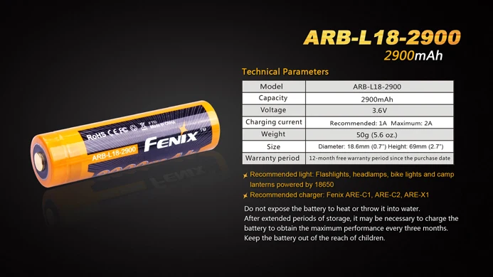 Fenix ARB-L18-2900 3,6 V 18650 2900mAh литий-ионная аккумуляторная батарея