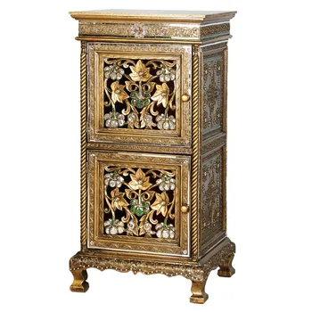 

105cm High Rustic South Asia Gilding Cabinet / Red Cinnabar Lacquer and Gold Leafs / Small Console Chest Exotic Hand Carved Wood