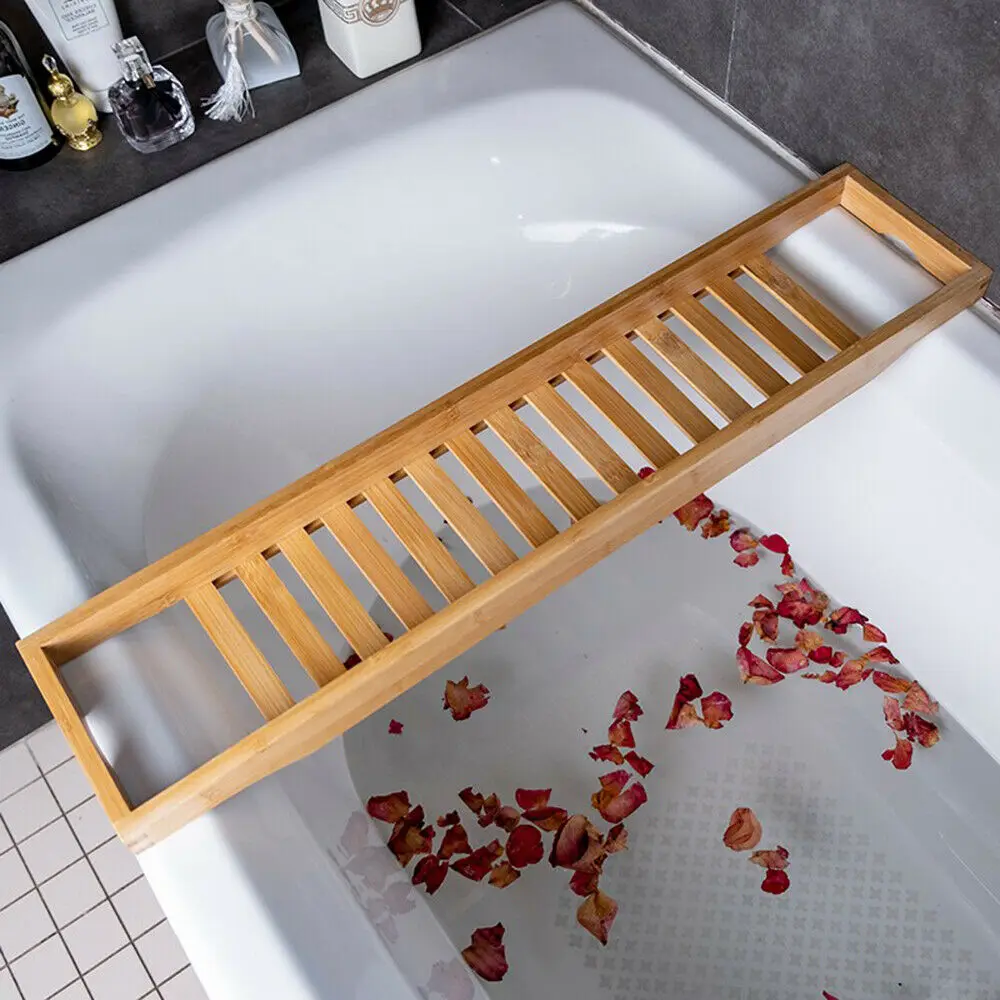 Vencier Bamboo Wood Bath Tub Rack Bathroom Shelf Tidy Tray Storage Caddy Organiser White Extendable 