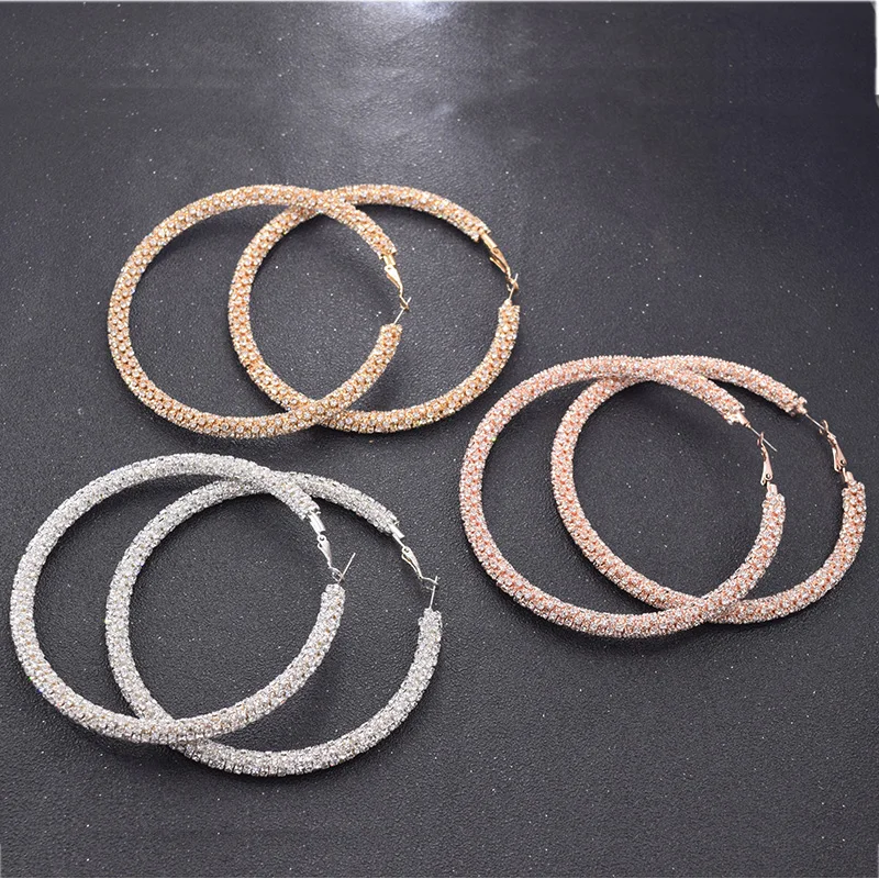 Trendy 9CM all rhinestone crystal Large Hoop Earrings Big Circle Earring Loop for Women Jewelry