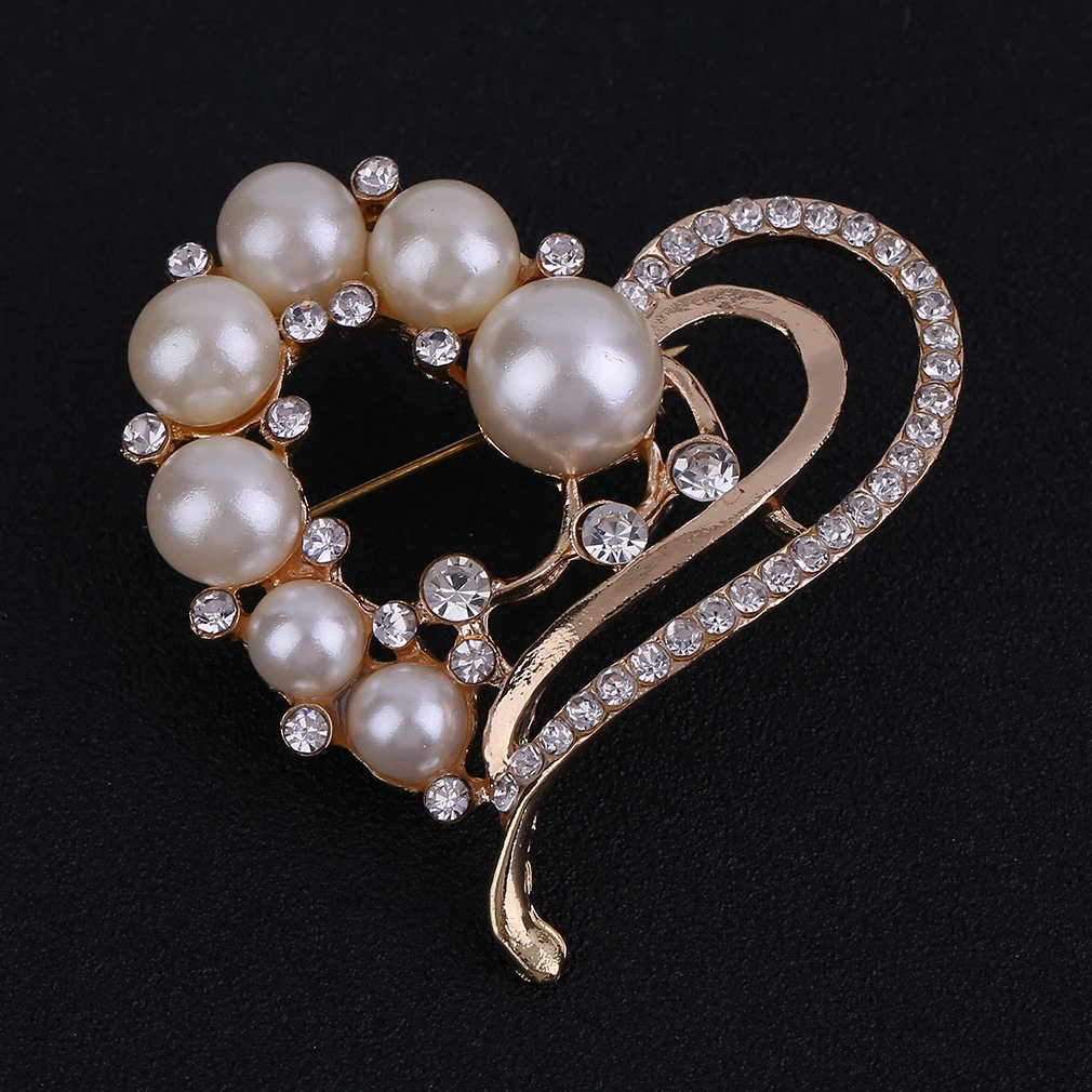 Heart Elegant Fashion Brooches For Women Flower and Heart Design Rhinestone Golden Plated Brooch Pins Luxury Jewelry - Окраска металла: Heart