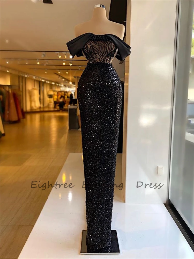 Eightree 2022 Shiny Black Glitter Off Shoulder Evening Dress Sleeveless Sparkly Long Mermaid Prom Formal Party Gowns Dresses black formal gown