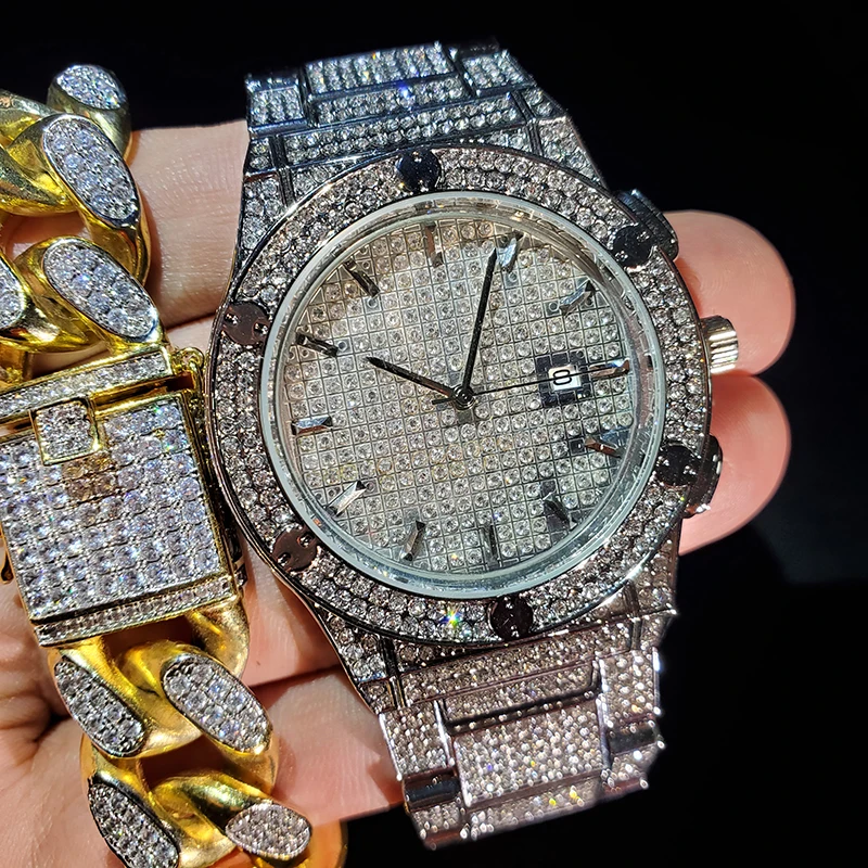 New Fashion Iced Out Wrist Watch Men Auto Date Stainless Steel Waterproof Business Diamond Silver Man Gift Calendar Clocks | Наручные
