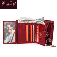 Contact'S Genuine Leather Wallets Women Men Wallet Short Small RFID Blocking Card Holder Wallets Ladies Red Coin Purse - Image 5