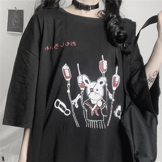 Mulheres pastel goth gráfico t camisa harajuku tshirt para senhoras kawaii  anime japonês roupas góticas preto t topo - AliExpress