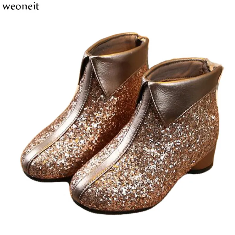 Weoneit Kids Princess Shoes Children Ankle Boots PU Leather Sequin Autumn Winter Boots New Girls High-heeled Boots CN 26-37