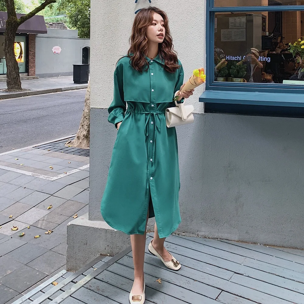 

French Romantic Style Shirt Dress 2019 Autumn New Style WOMEN'S Dress Retro CHIC Wind dou peng shi Waist Hugging Dress