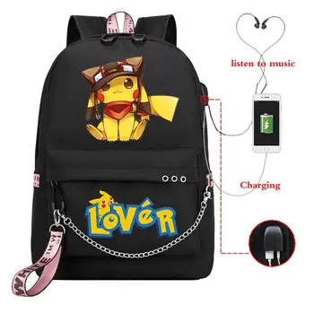 

New Usb Charging Girls Backpacks NO COFFEE NO WORKEE School Bags Teenager PIKACHU Travel Laptop Backpack Women Knapsack Bag