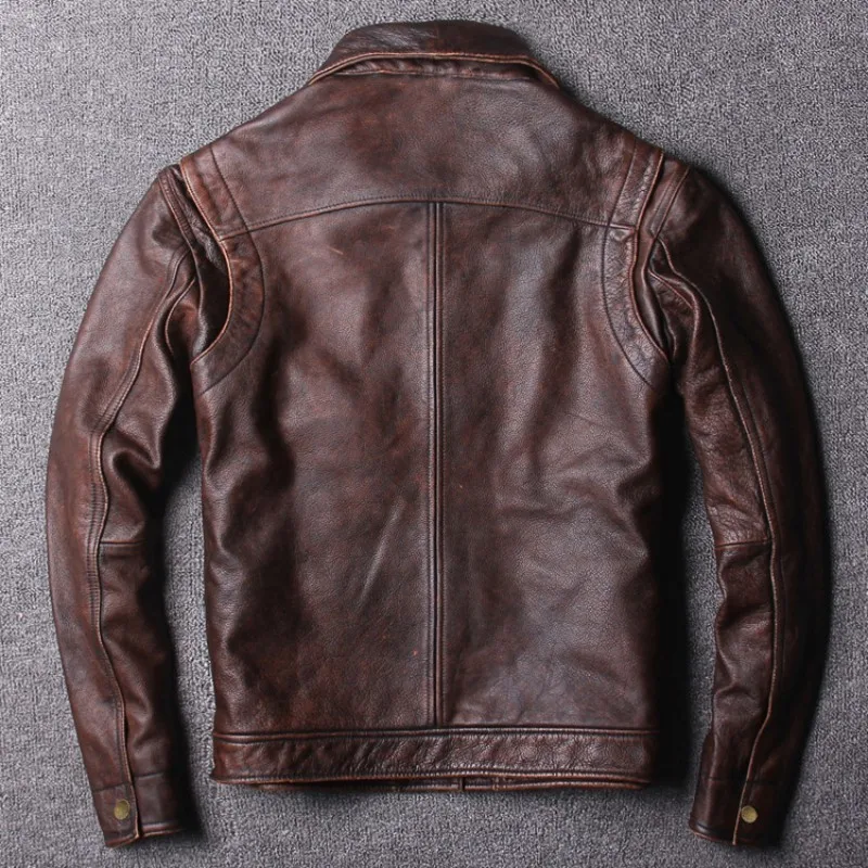 

New Autumn Vintage Solid Genuine Leather Jacket Mens High Quality Single Breasted Turn-Down Collar Cowhide Real Leather Jacket