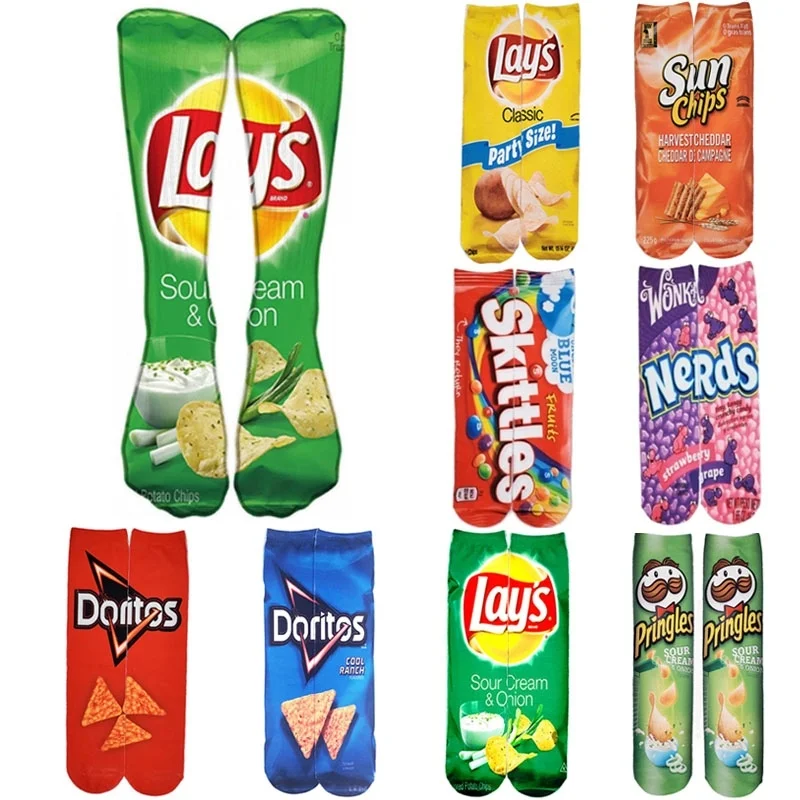 1 пара забавных носков унисекс для мужчин и женщин с 3D принтом картофельных чипсов, гольфы, Хлопковые гольфы для мужчин