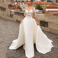 

Elegant Mermaid Wedding Dress 2022 With Detachable Train Half Sleeve Lace Appliques Satin O-Neck Robe De Mariage Bridal Gowns