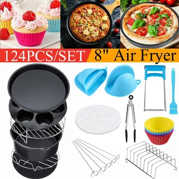 

124PC Air Fryer Accessories 8 Inch Fit for Airfryer 3.7-6.8QT Baking Basket Pizza Plate Grill Pot Kitchen Cooking Tool for Party