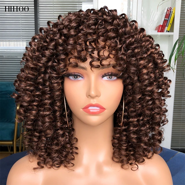 Afro Kinky Curly Wig With Bangs Short Synthetic Wigs For Black Women Omber Brown Blonde Glueless Cosplay Hair High Temperature M4p-30