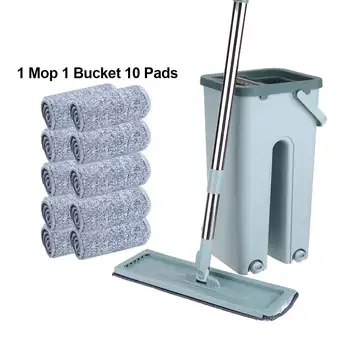 

Flat Squeeze Mop and Bucket Hand Free Wringing Floor Cleaning Wet Dry Usage Lazy Mop with Microfiber Pads Home Clean Tools
