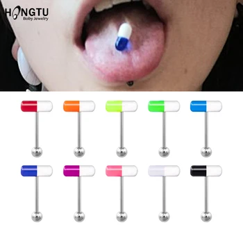 

10PCS Colorful Capsule Tongue Rings Acrylic Pill Tongue Piercing Jewelry Women Surgical Steel Tongue Ring Bars Barbell 14 Gauge