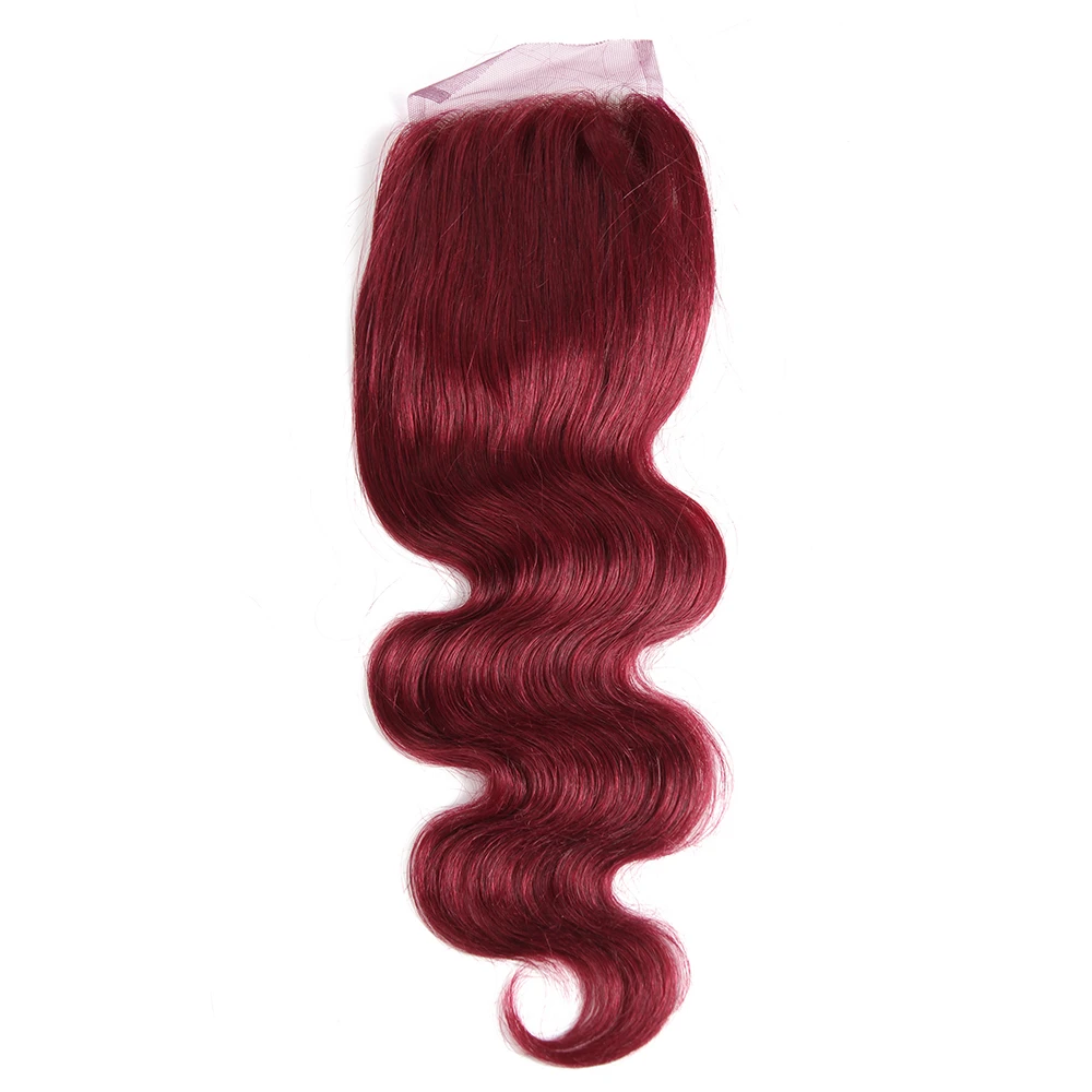 Прямо закрытия шнурка 4x4 Бесплатная/средняя часть Эйфория бразильский человеческих волос 99J/бордовый красного цвета Remy синтетические