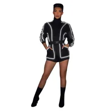 Шорты боди для женщин с длинным рукавом Светоотражающие Полосы Сращивания карман пояс на молнии брюки комбинезон сексуальный комбинезон хип-хоп комбинезоны