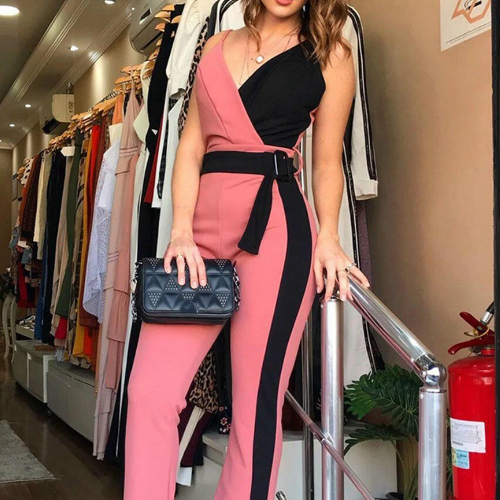 

Women OL Rompers and Jumpsuits 2020 Autumn Spaghetti Strap V Neck Patchwork Club Party Bodycon Office Lady Elegant Overalls
