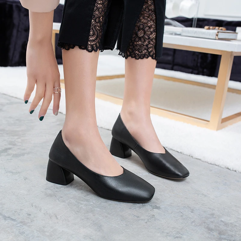 Mid Heels Women Genuine Cow Leather New Spring Autumn Elegant Ladies Heel Shoes C185 Woman Brown Black Square Toe Casual Pumps