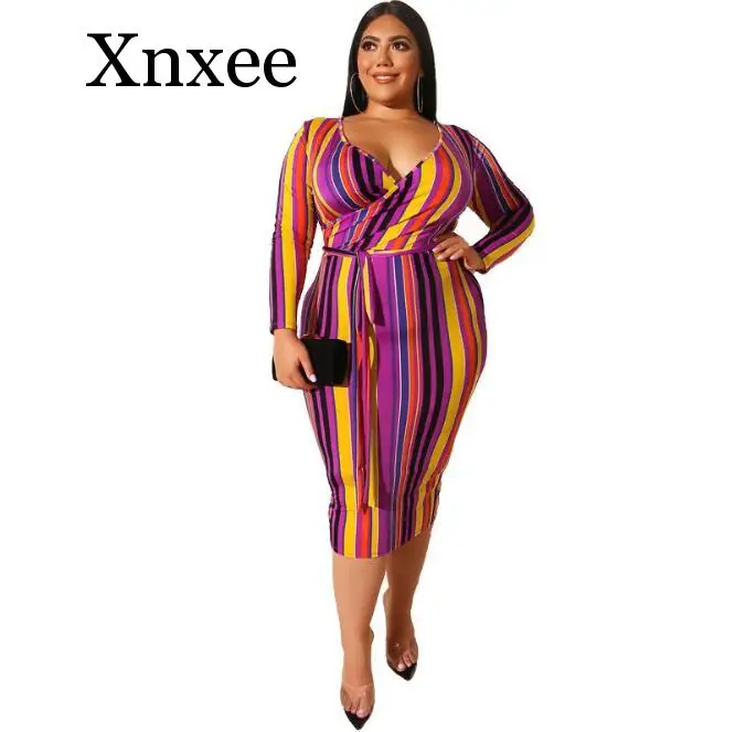 

Sexy Women Plus Size Three-Quarter Sequined Trim High Low Dress High Quality Summer Oversize 5xl Deep V stripe africa dresses