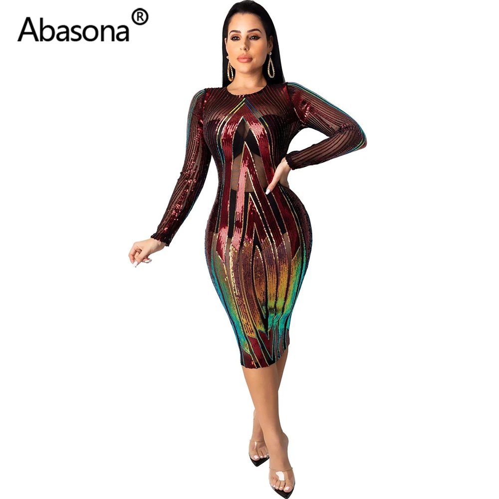 Красный Abasona, Осень-зима, женское сексуальное облегающее платье с длинным рукавом и геометрическим рисунком, сетчатые обтягивающие платья с блестками, вечерние платья для ночного клуба - Цвет: Красный