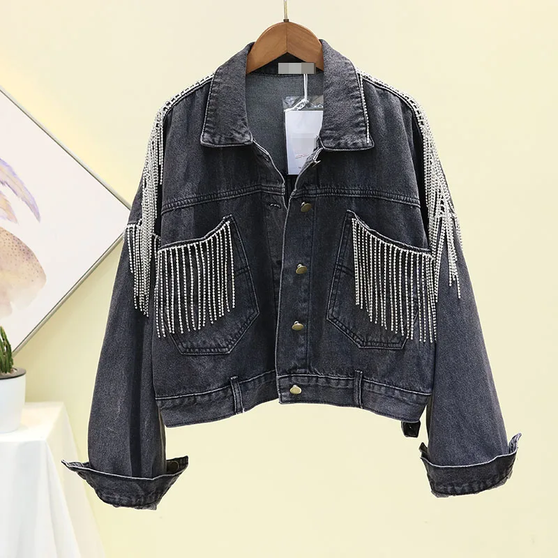 

2019 autumn new heavy tassel rhinestone charcoal black short paragraph denim jacket female