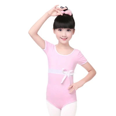 Высокая Качественный хлопок спереди, короткий рукав, с бантом одежда для бальных танцев Для детей девочек, Леотард для гимнастики и танцев платье - Цвет: Pink