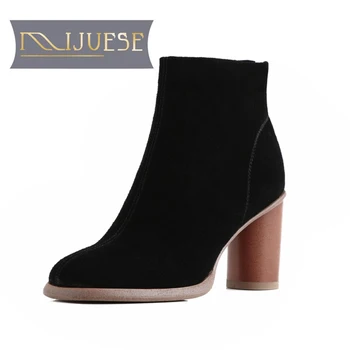 

MLJUESE 2021 women soft ankle boots Cow suede zippers boots winter short plush round toe high heels women boots