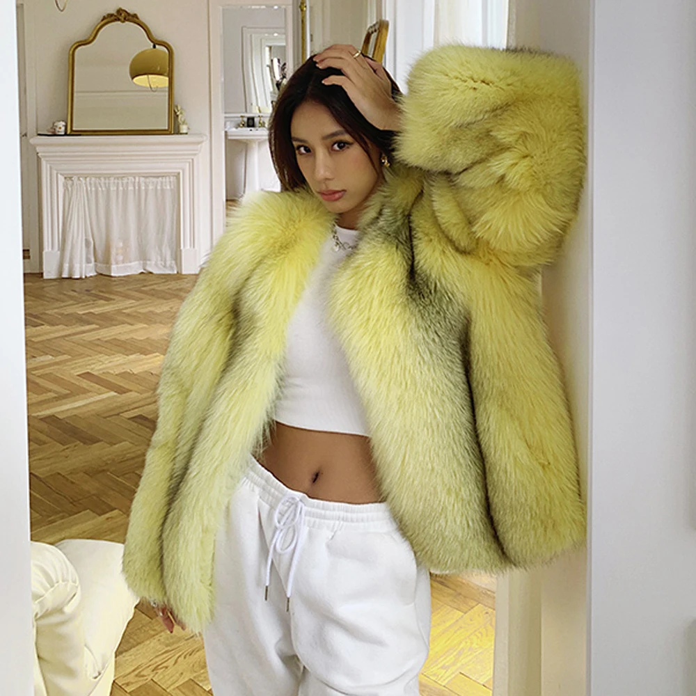 Natural Fox Fur Coat Round Collar Winter Fashion Women Whole Skin Genuine Fox Fur Jacket Thick Warm Fur Overcoat Luxury Female