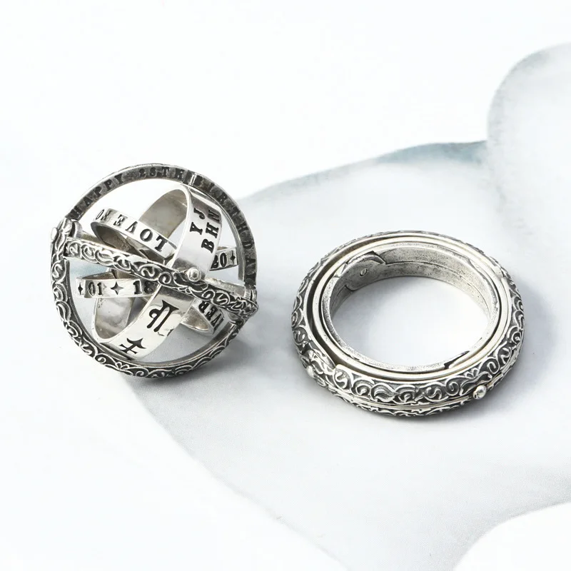 

925 Sterling Make Navigation Earth Instrument Astronomical Ball Ring 12 Constellation 8 Planets Pendant Ring Dual Purpose Retro